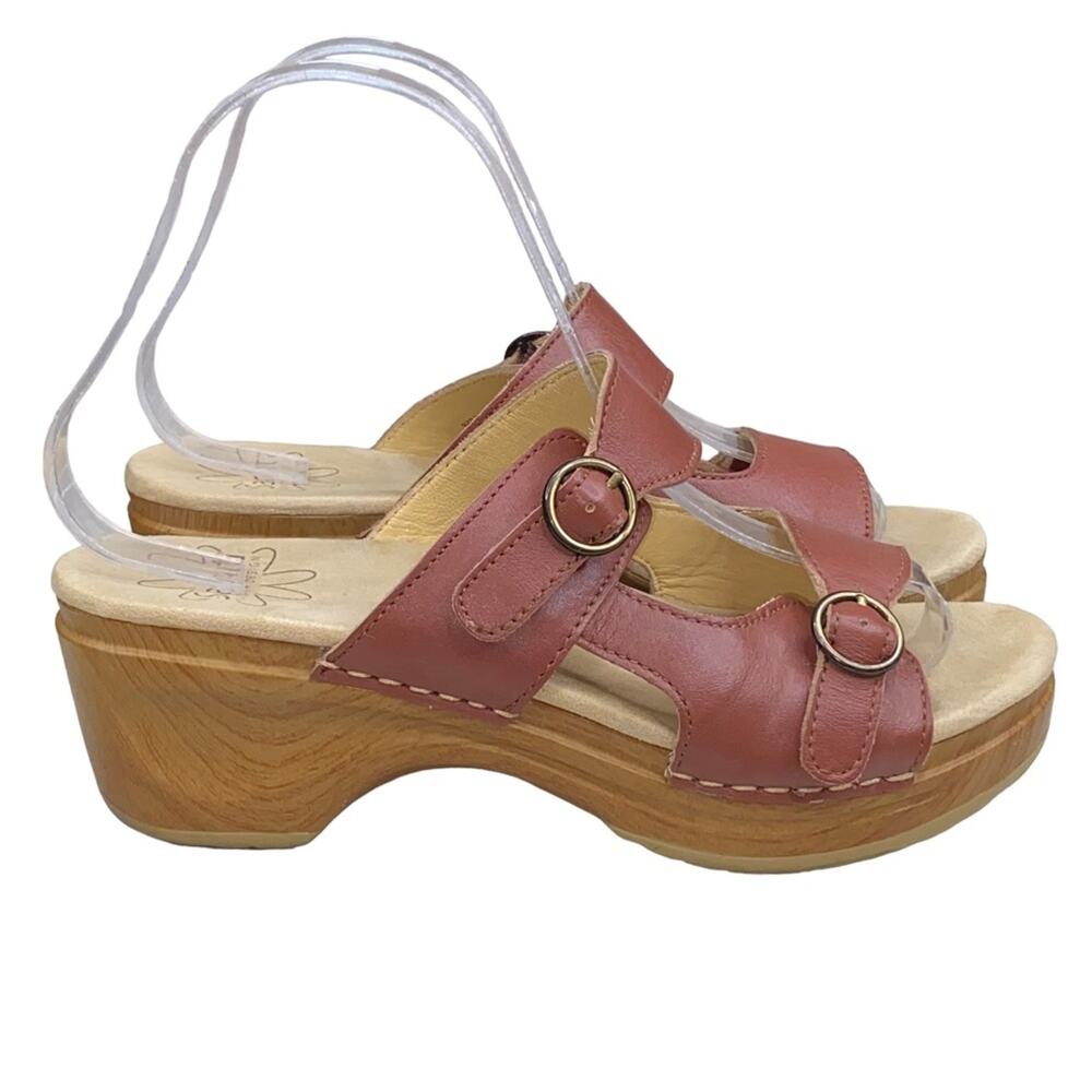 Sanita Tan Leather Clog Sandals with Wood Platform